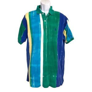 Vintage Y2K NAUTICA Vertical Paint Stripe Polo Shirt Sz L Blue Green 90s Preppy